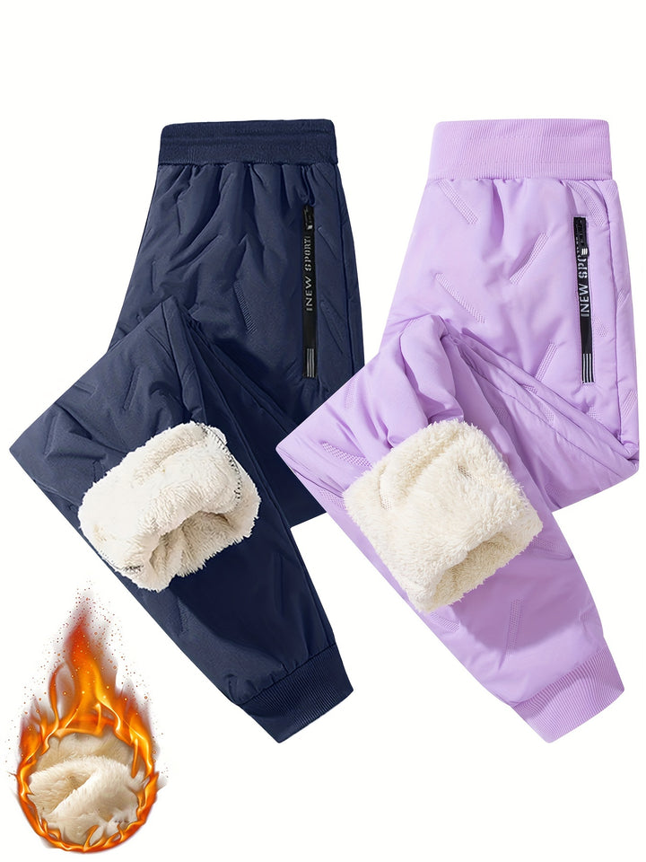 Waterproof & Windproof 2pcs Girls' Thick Fleece-Lined Winter Pants