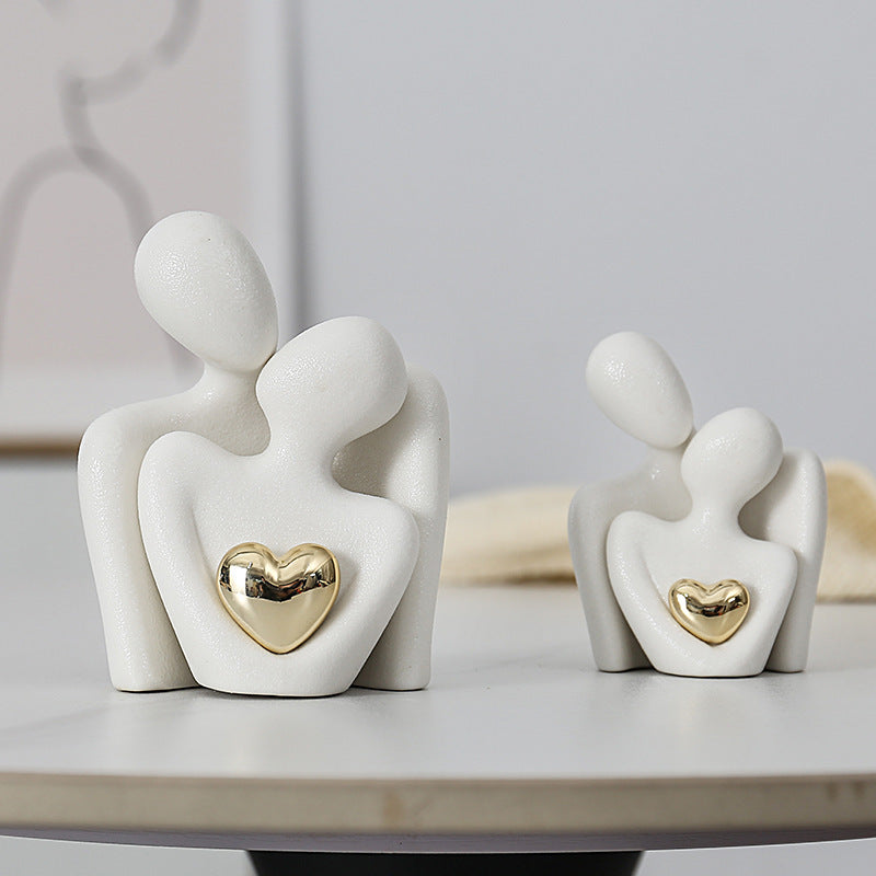 1pc, Modern Ceramic Love Embrace Figurines With Golden Heart