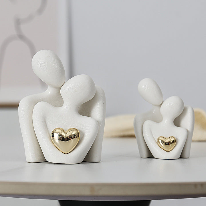 1pc, Modern Ceramic Love Embrace Figurines With Golden Heart