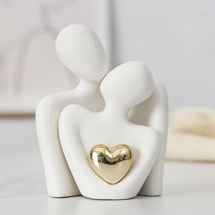 1pc, Modern Ceramic Love Embrace Figurines With Golden Heart