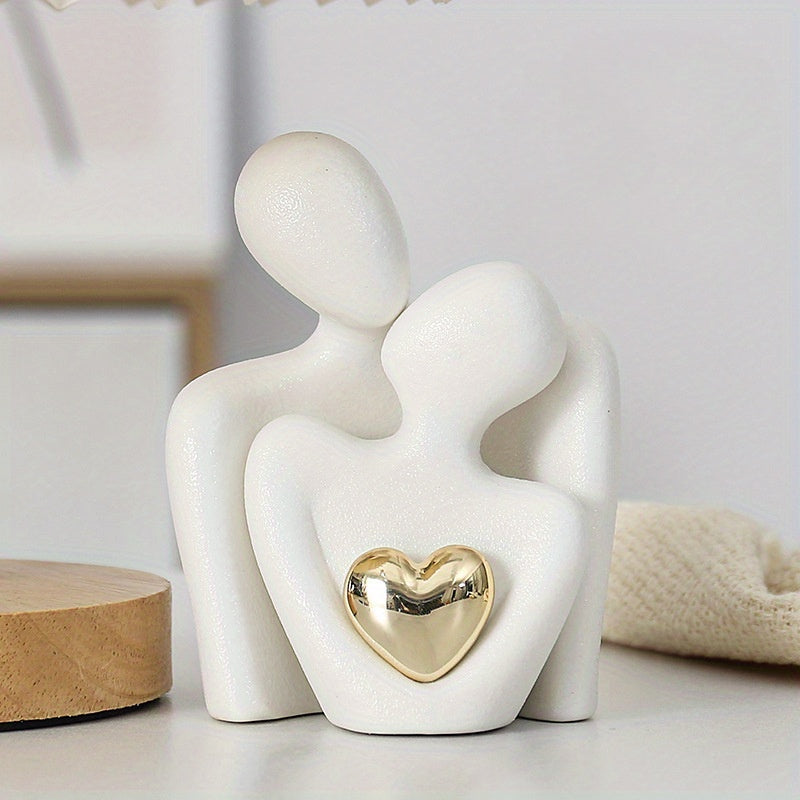 1pc, Modern Ceramic Love Embrace Figurines With Golden Heart