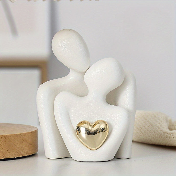 1pc, Modern Ceramic Love Embrace Figurines With Golden Heart