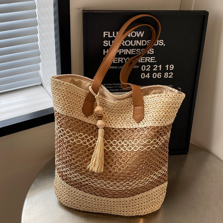 Summer Stripe Straw Shoulder Bags With Tassel Pendant