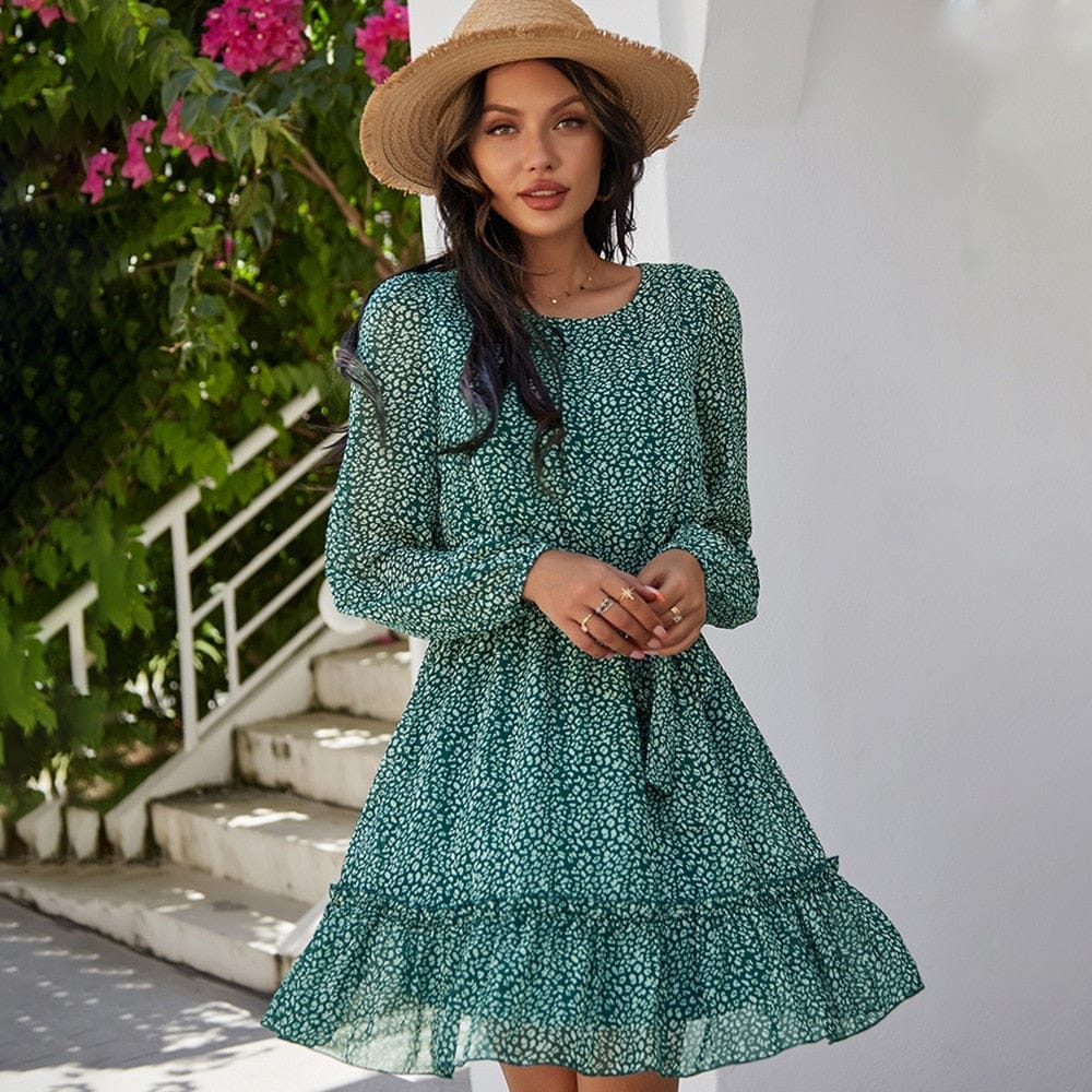 2021 new women's spring and summer corset round neck print dress Bennys Beauty World