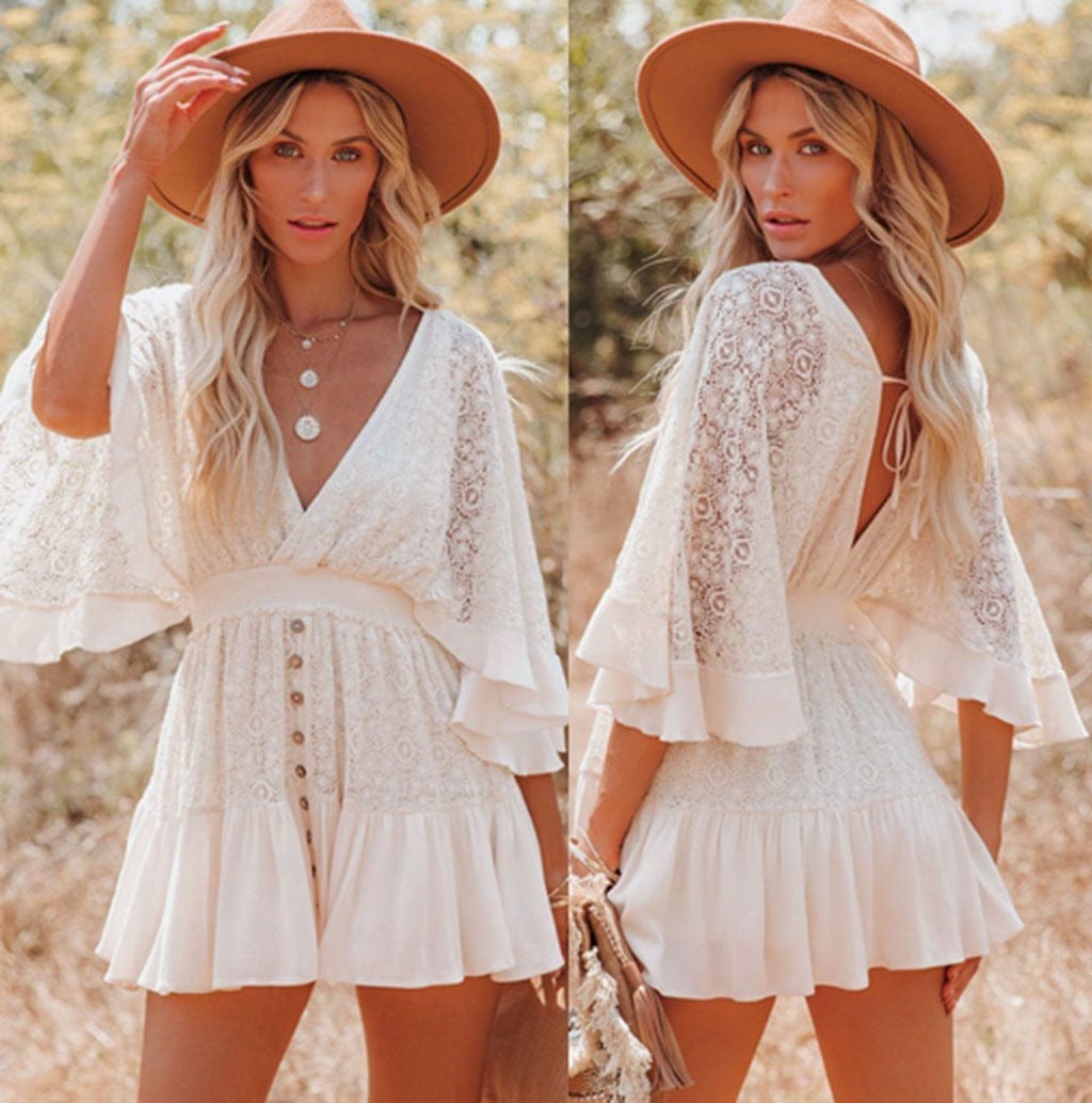 Women's Summer Linen White Tunic - Beach Dress with Short Sleeves - Di