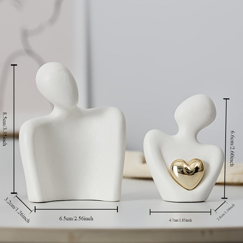 1pc, Modern Ceramic Love Embrace Figurines With Golden Heart