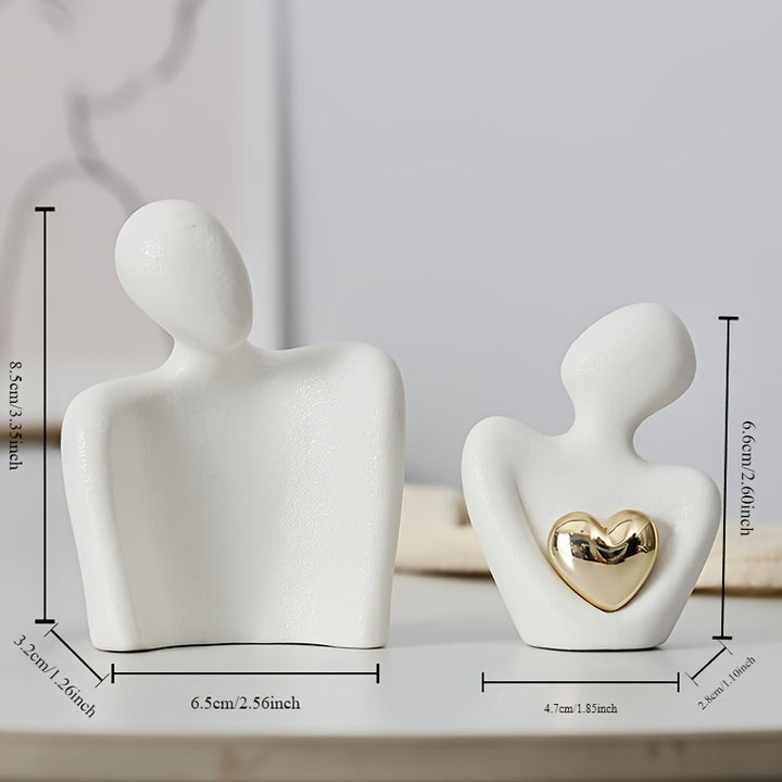 1pc, Modern Ceramic Love Embrace Figurines With Golden Heart