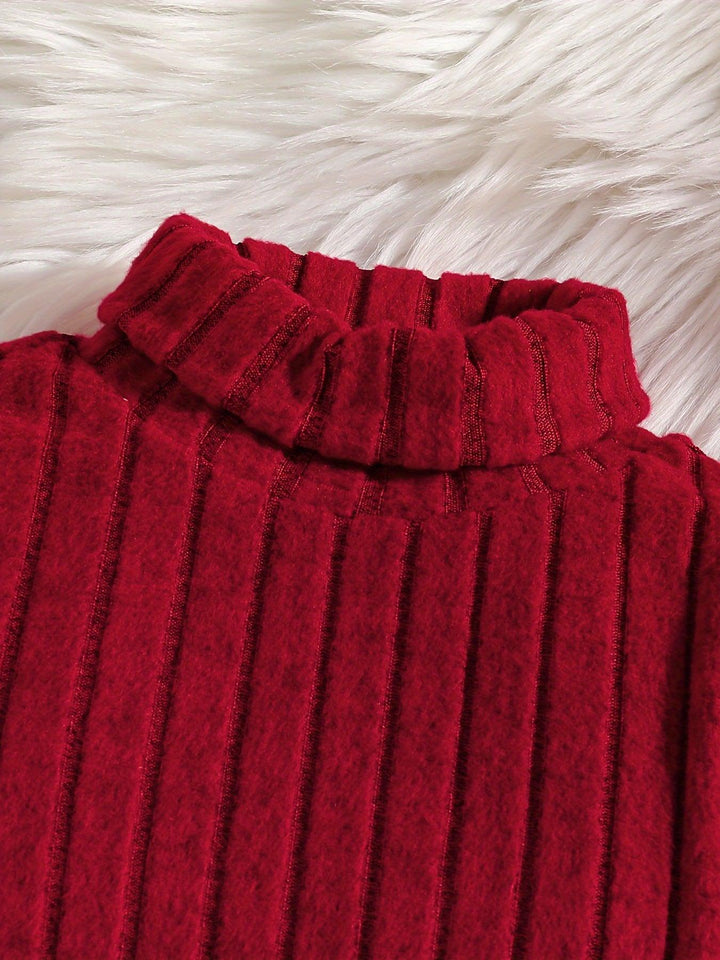 Elegant 2pcs Girls' Outfit Set - Soft Knit Turtleneck Top with Belt & Flared Pants, Perfect for Fall/Winter-Bennys Beauty World