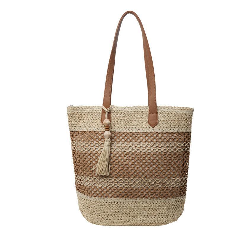 Summer Stripe Straw Shoulder Bags With Tassel Pendant