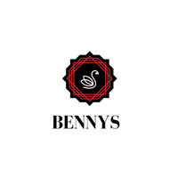 Bennys Beauty World logo featuring a white swan in a black and red geometric star emblem.