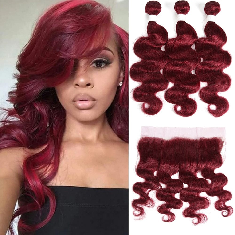 Burgundy Body Wave Bundles With Frontal 13x4 Lace 99J Red