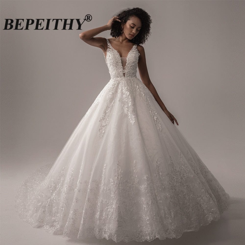 Deep V Neck Lace Wedding Dress 2022 Ball Gown