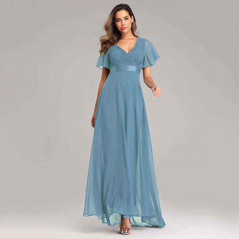 Elastic Chiffon Wedding Bridesmaid Dress Swing Flare Short Sleeves