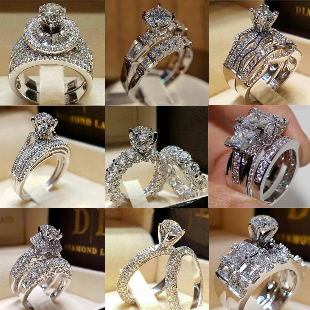Silver wedding ring set | Silver engagement and wedding ring set