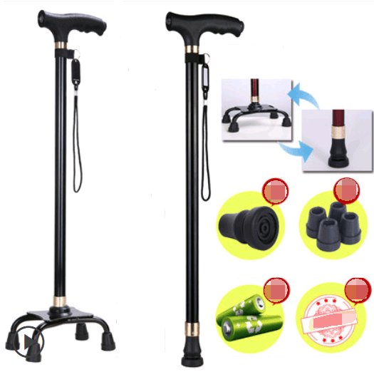 Old man's walking stick, old man, walking stick, light cane, four-legged, multi-function, walking, non-slip, walking stick, telescopic lamp BENNYS