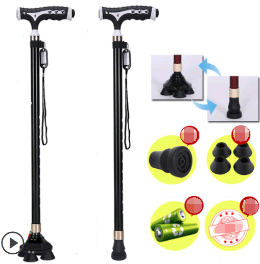 Old man's walking stick, old man, walking stick, light cane, four-legged, multi-function, walking, non-slip, walking stick, telescopic lamp BENNYS