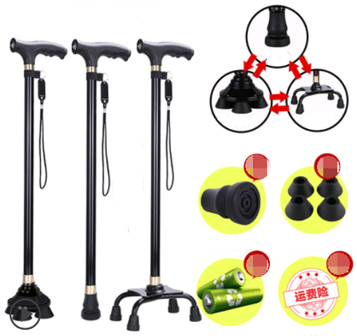 Old man's walking stick, old man, walking stick, light cane, four-legged, multi-function, walking, non-slip, walking stick, telescopic lamp BENNYS