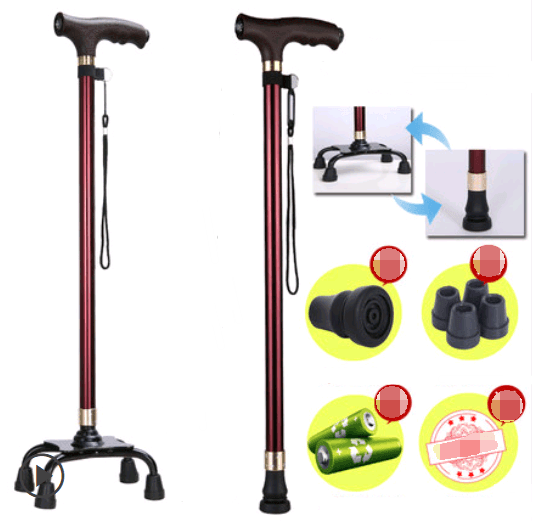 Old man's walking stick, old man, walking stick, light cane, four-legged, multi-function, walking, non-slip, walking stick, telescopic lamp BENNYS