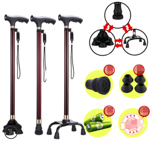 Old man's walking stick, old man, walking stick, light cane, four-legged, multi-function, walking, non-slip, walking stick, telescopic lamp BENNYS