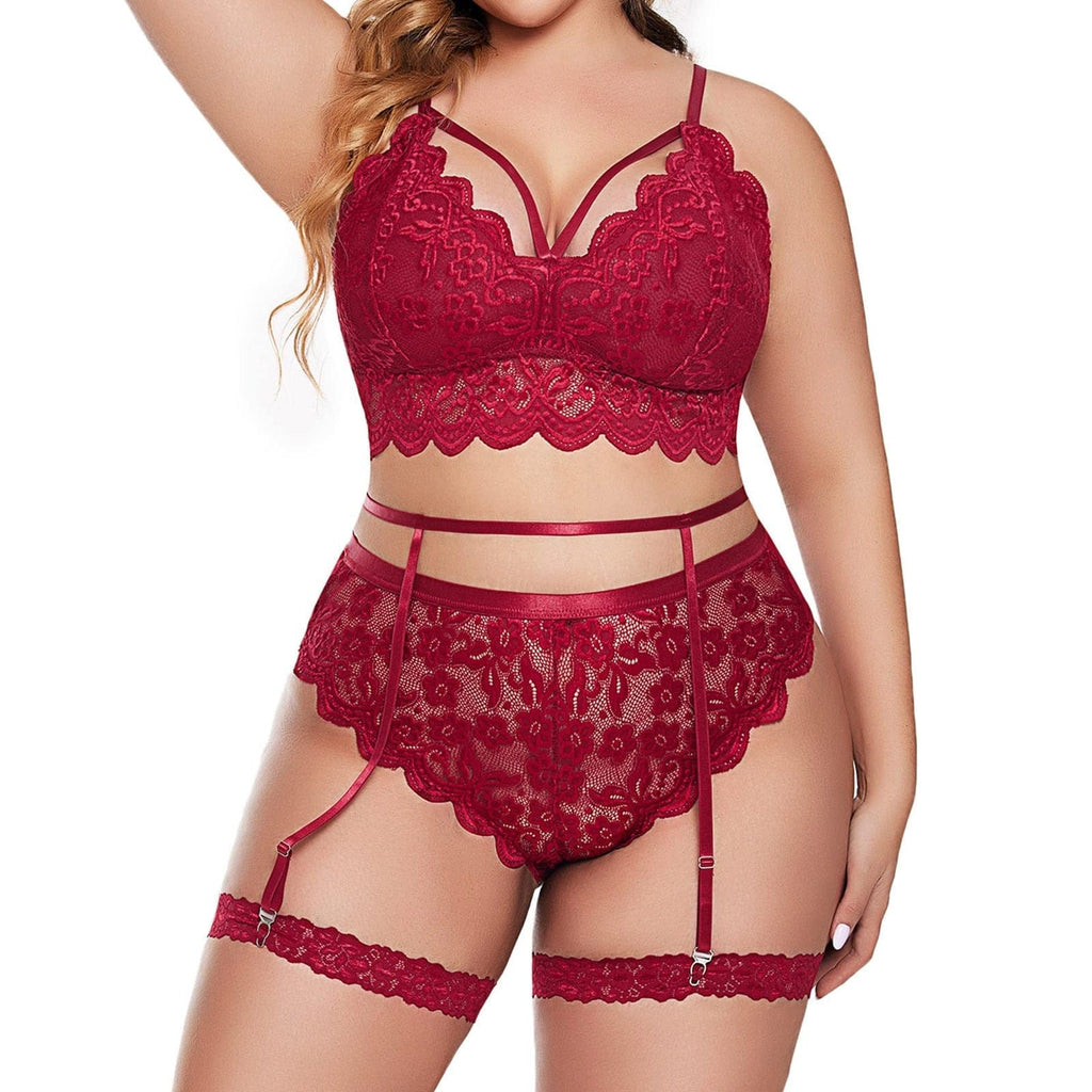 Plus Size Peek a Boo 2 piece Lace lingerie set - Red – Curvy Sense