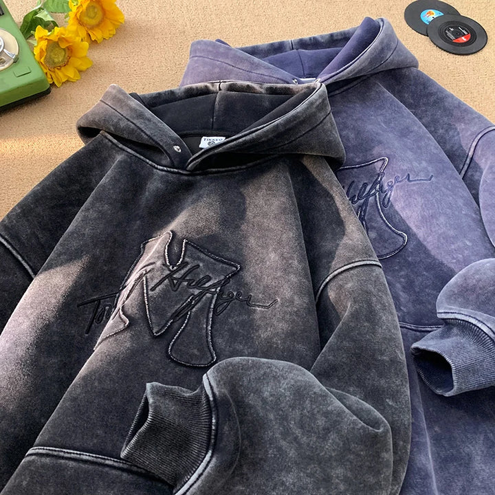 Retro Washed Hooded Sweatshirt 2025 New Fall Winter Street Style Men Hoodie Letters Embroidery Loose Hooded Top Oversize Hoodies