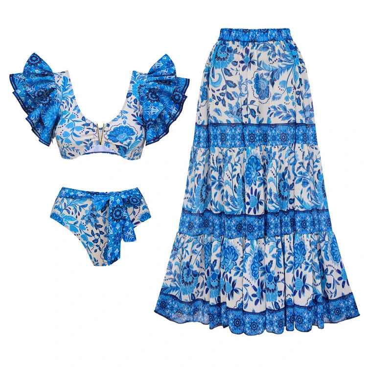 Women Bikini Set Floral Printed Ruffle Bikinis Strappy Swimwear-Swimwear-Bennys Beauty World