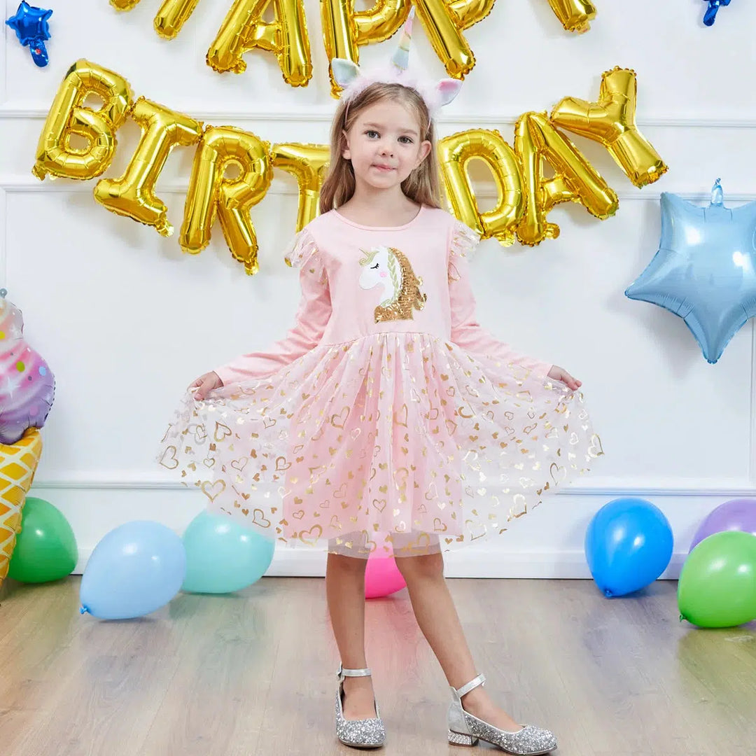 Girls Long Sleeve Mesh Cartoon Unicorn Dress-Dresses-Bennys Beauty World