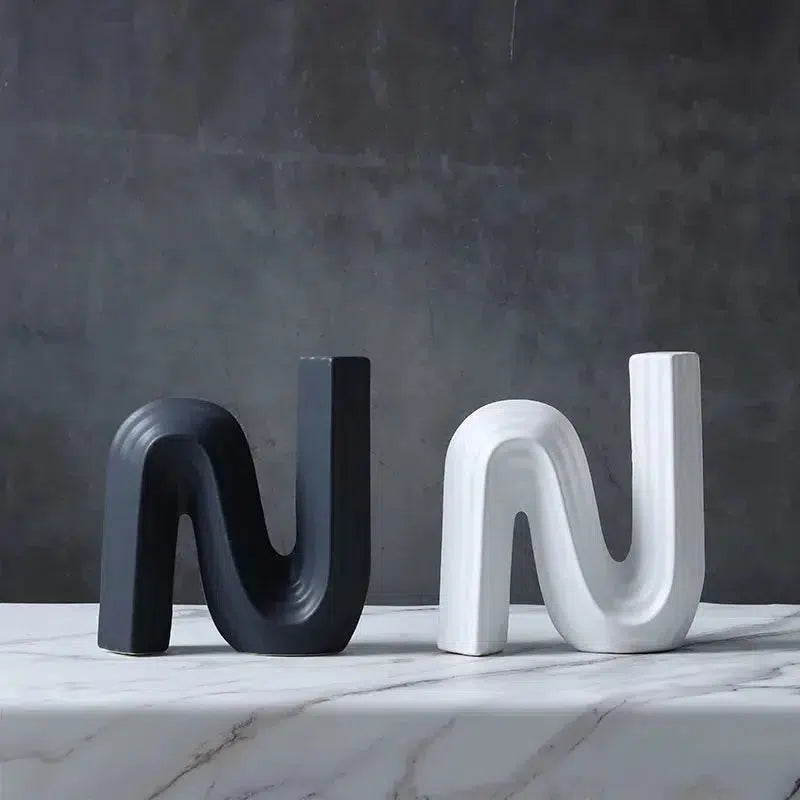 Ceramic Crafts Striped Geometric Sculpture Black and White N-shaped Pipeline Curved Geometric Ceramic Handicraft Ornaments-Arlik interiors
