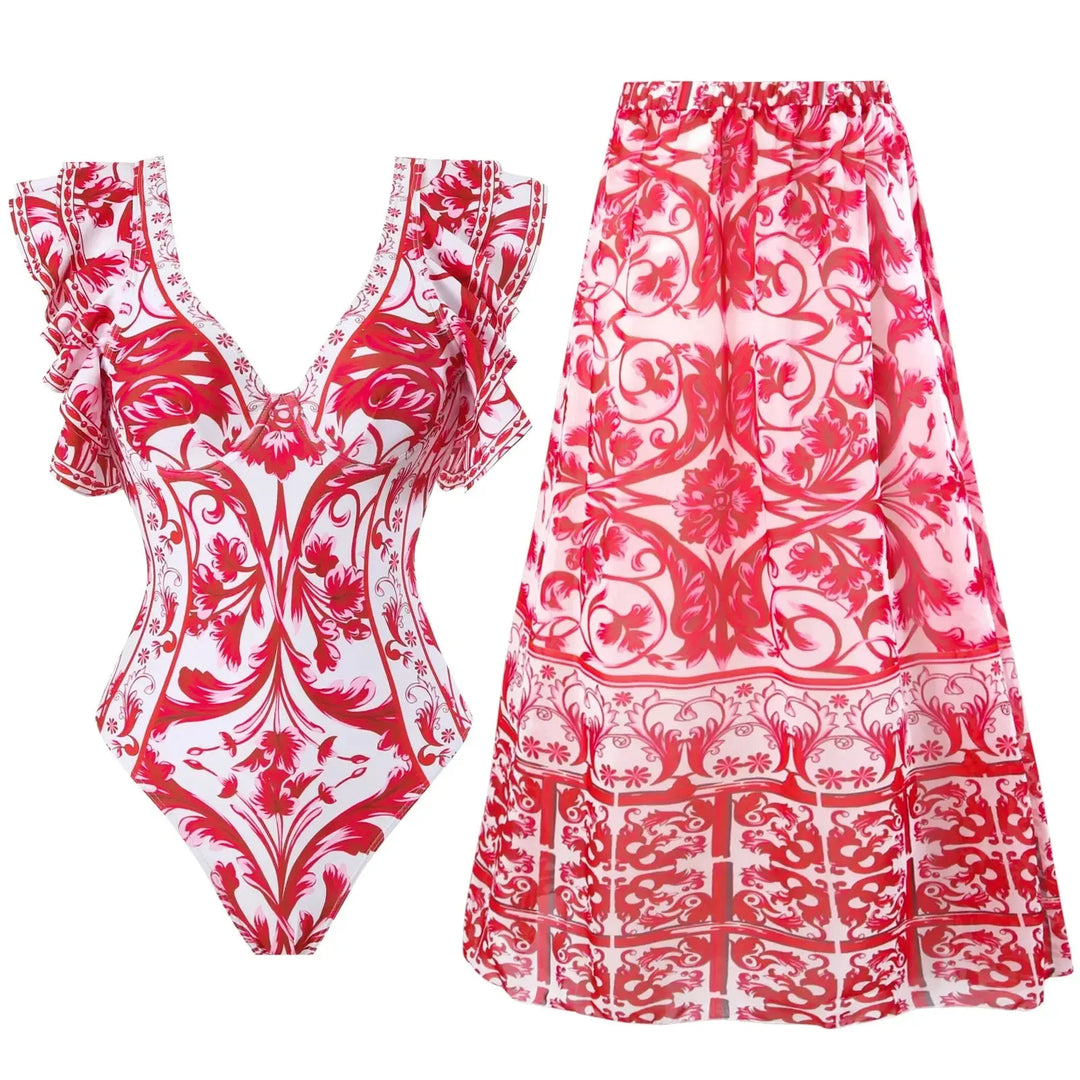 Women Bikini Set Floral Printed Ruffle Bikinis-Swimwear-Bennys Beauty World
