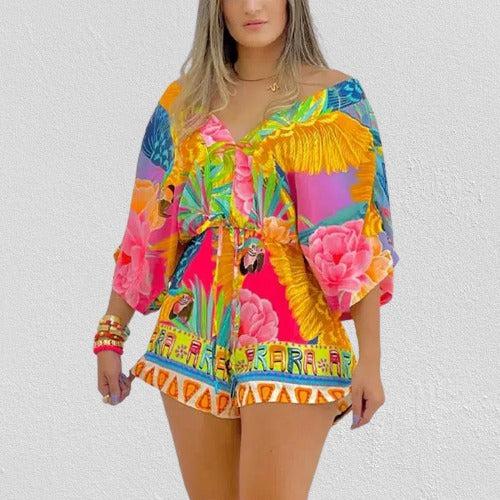 Womens Floral Pattern Short Batwing Sleeves Rompers-Dresses-Bennys Beauty World
