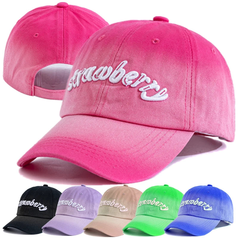Women Washed Cotton Cap Strawberry Embroidery Baseball Cap