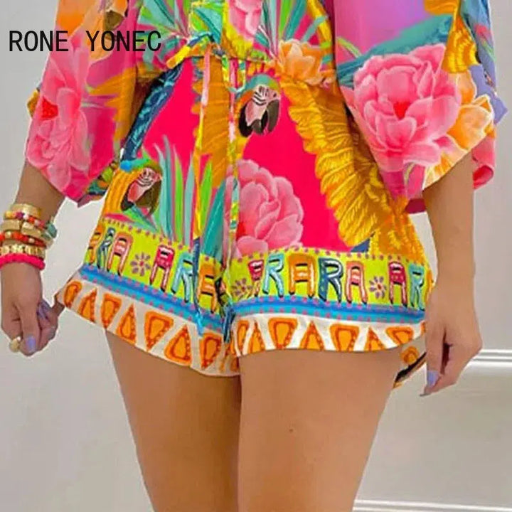 Womens Floral Pattern Short Batwing Sleeves Rompers-Dresses-Bennys Beauty World