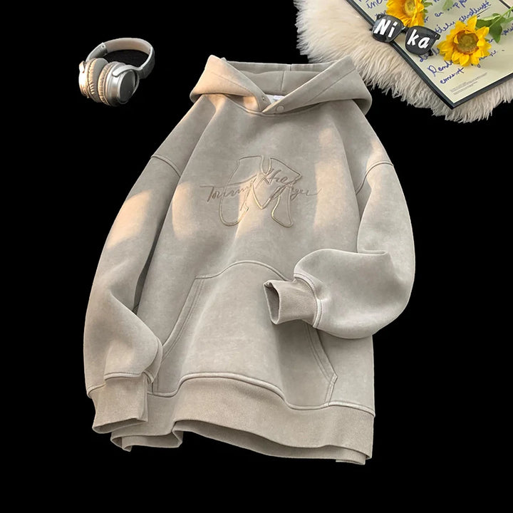 Retro Washed Hooded Sweatshirt 2025 New Fall Winter Street Style Men Hoodie Letters Embroidery Loose Hooded Top Oversize Hoodies