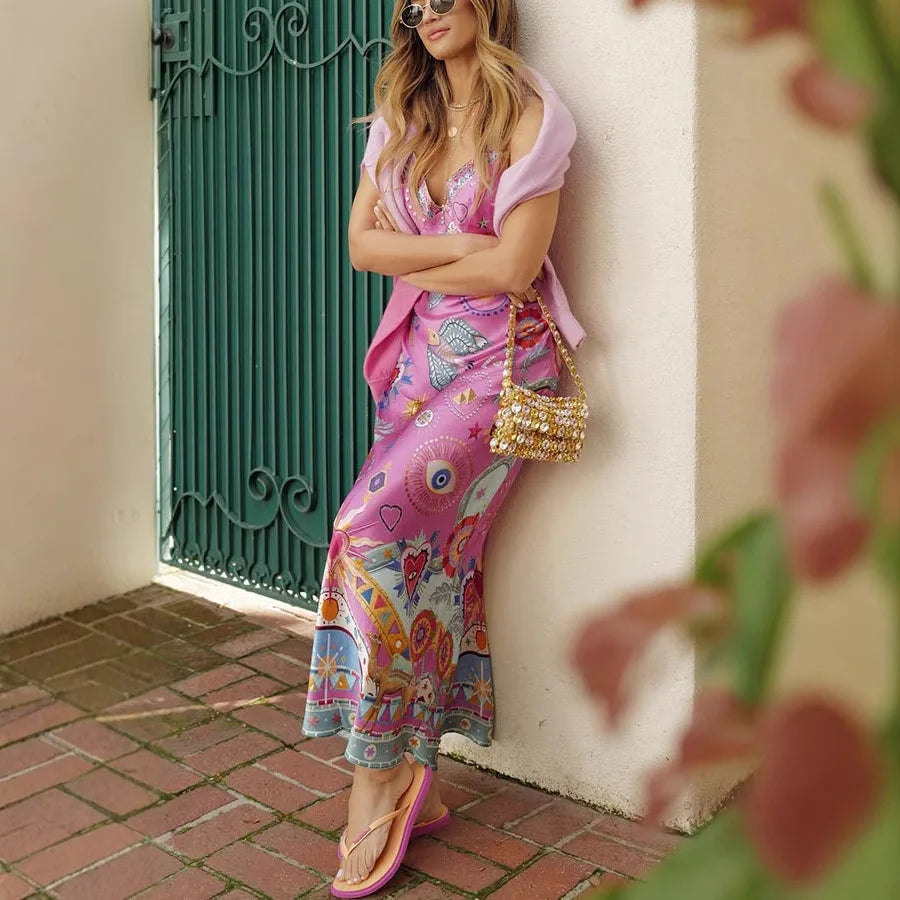 Women Elegant Satin Floral Beach Vacation Dress-Dresses-Bennys Beauty World