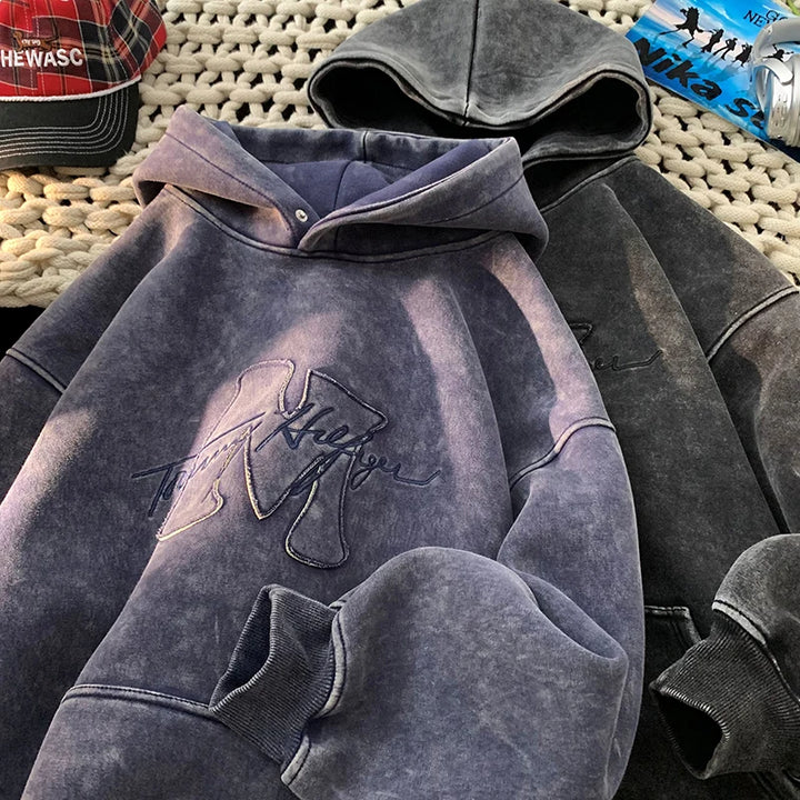 Retro Washed Hooded Sweatshirt 2025 New Fall Winter Street Style Men Hoodie Letters Embroidery Loose Hooded Top Oversize Hoodies
