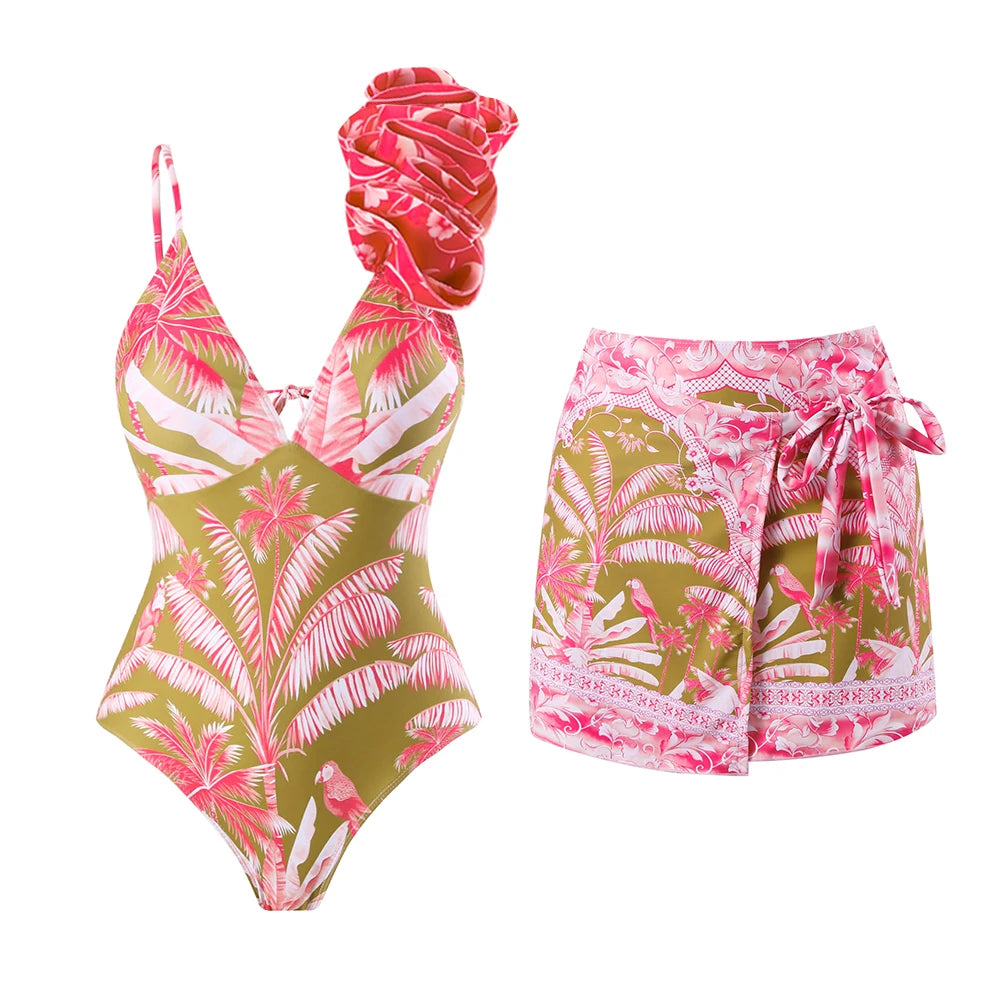 Women Bikini Set Floral Printed Ruffle Bikinis Strappy Swimwear-Swimwear-Bennys Beauty World