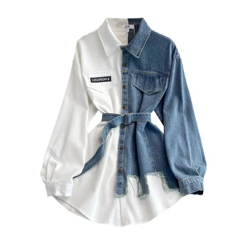 Women's Puff Sleeve Turn Down Collar Denim Dress