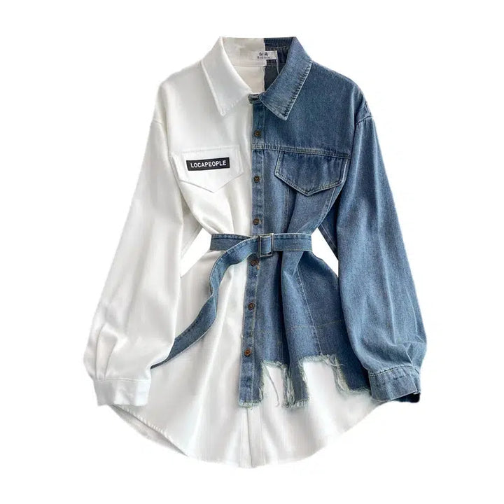 Women's Puff Sleeve Turn Down Collar Denim Dress