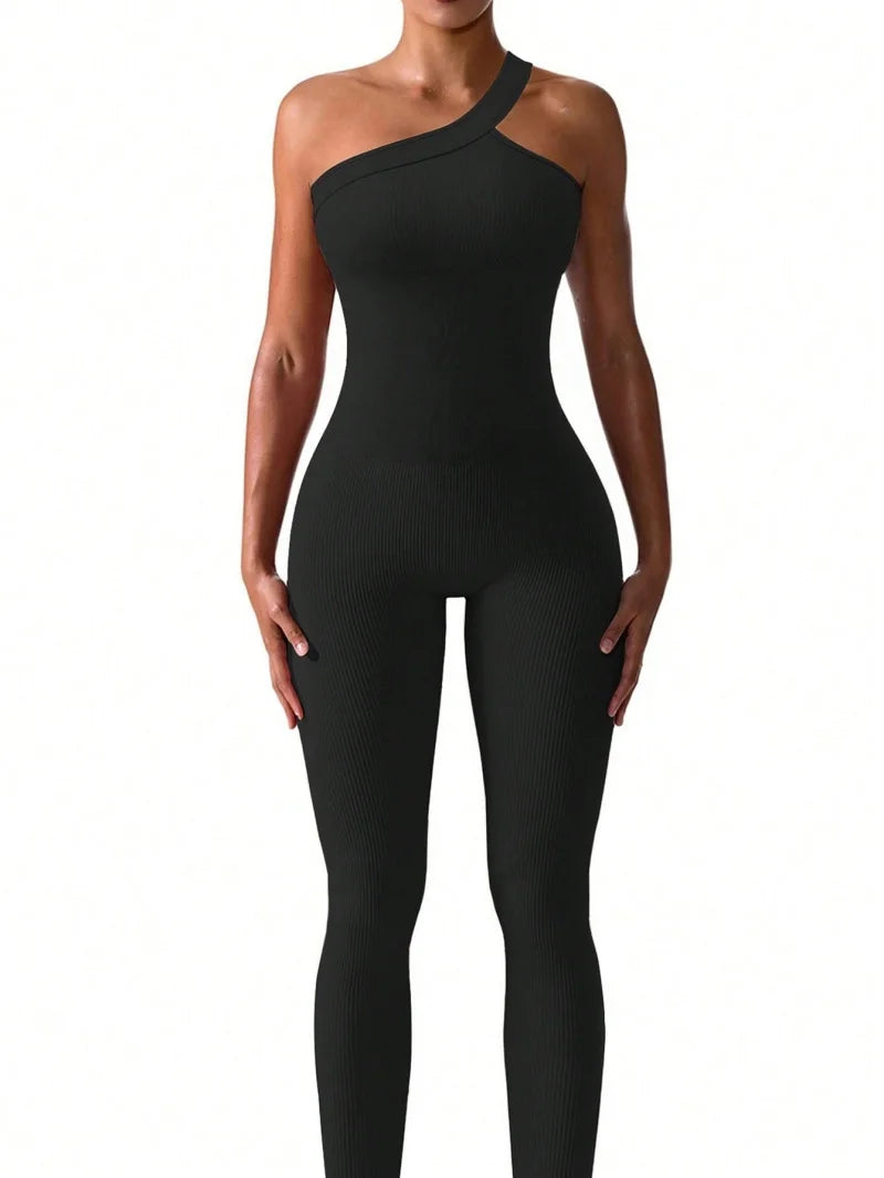 Women Yoga Jumpsuits Workout Ribbed One Shoulder Jumpsuits
