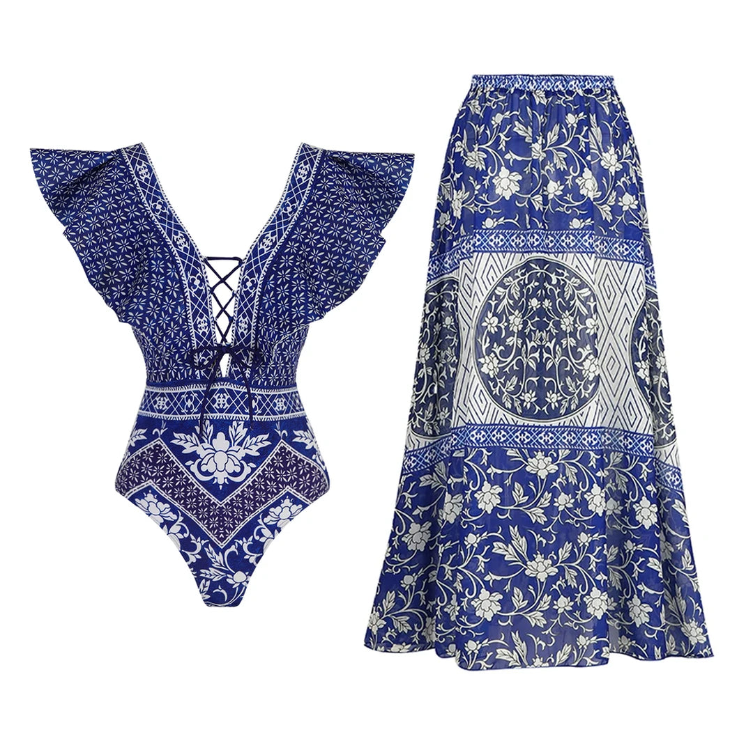 Women Bikini Set Floral Printed Ruffle Bikinis Strappy Swimwear-Swimwear-Bennys Beauty World