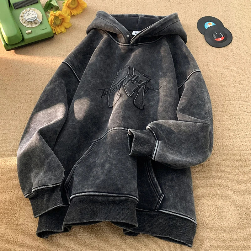 Retro Washed Hooded Sweatshirt 2025 New Fall Winter Street Style Men Hoodie Letters Embroidery Loose Hooded Top Oversize Hoodies