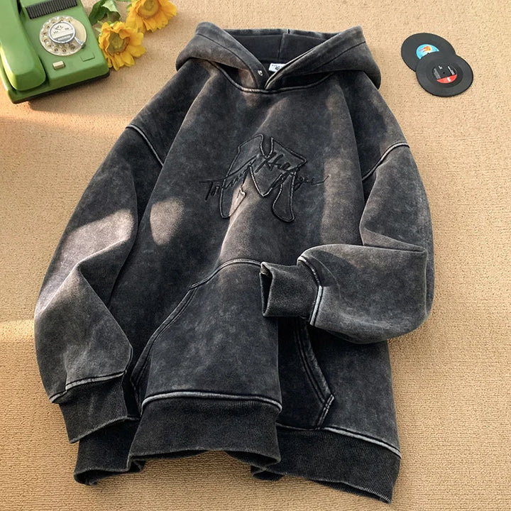 Retro Washed Hooded Sweatshirt 2025 New Fall Winter Street Style Men Hoodie Letters Embroidery Loose Hooded Top Oversize Hoodies