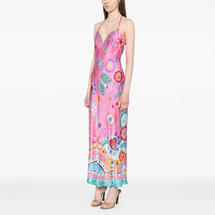 Women Elegant Satin Floral Beach Vacation Dress-Dresses-Bennys Beauty World