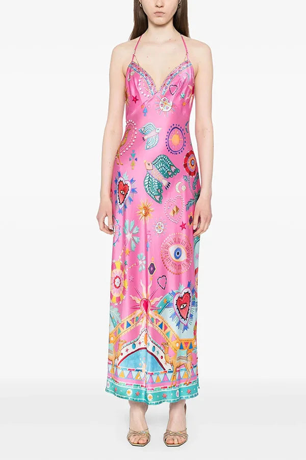 Women Elegant Satin Floral Beach Vacation Dress-Dresses-Bennys Beauty World