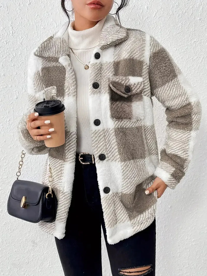 Europe and the United States autumn and winter lapel plaid coat