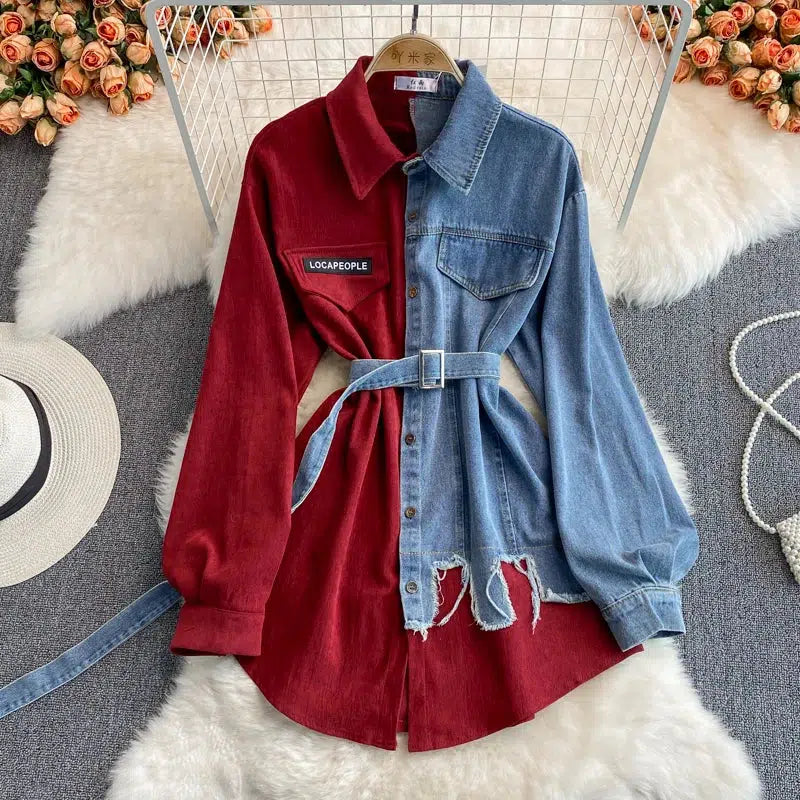 Women's Puff Sleeve Turn Down Collar Denim Dress