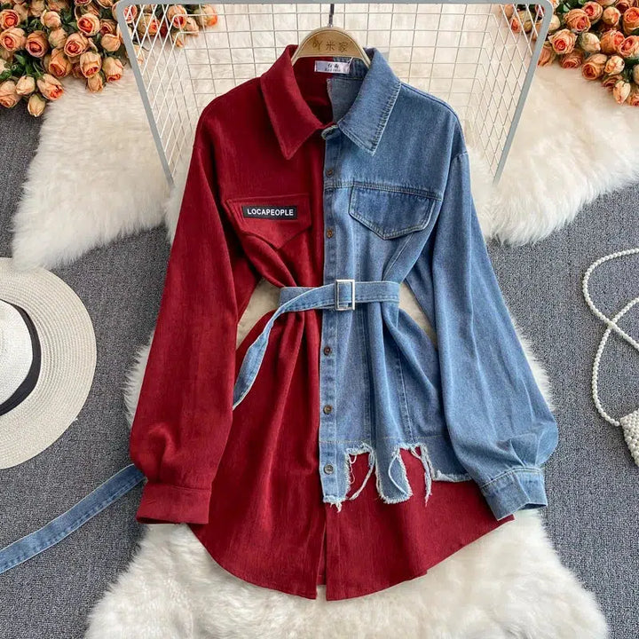 Women's Puff Sleeve Turn Down Collar Denim Dress