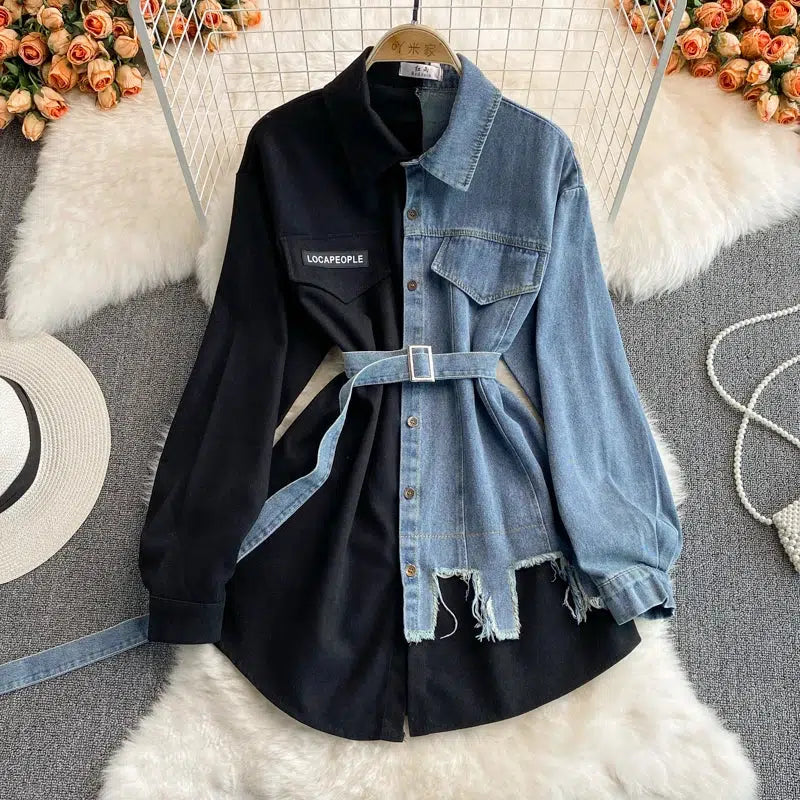 Women's Puff Sleeve Turn Down Collar Denim Dress
