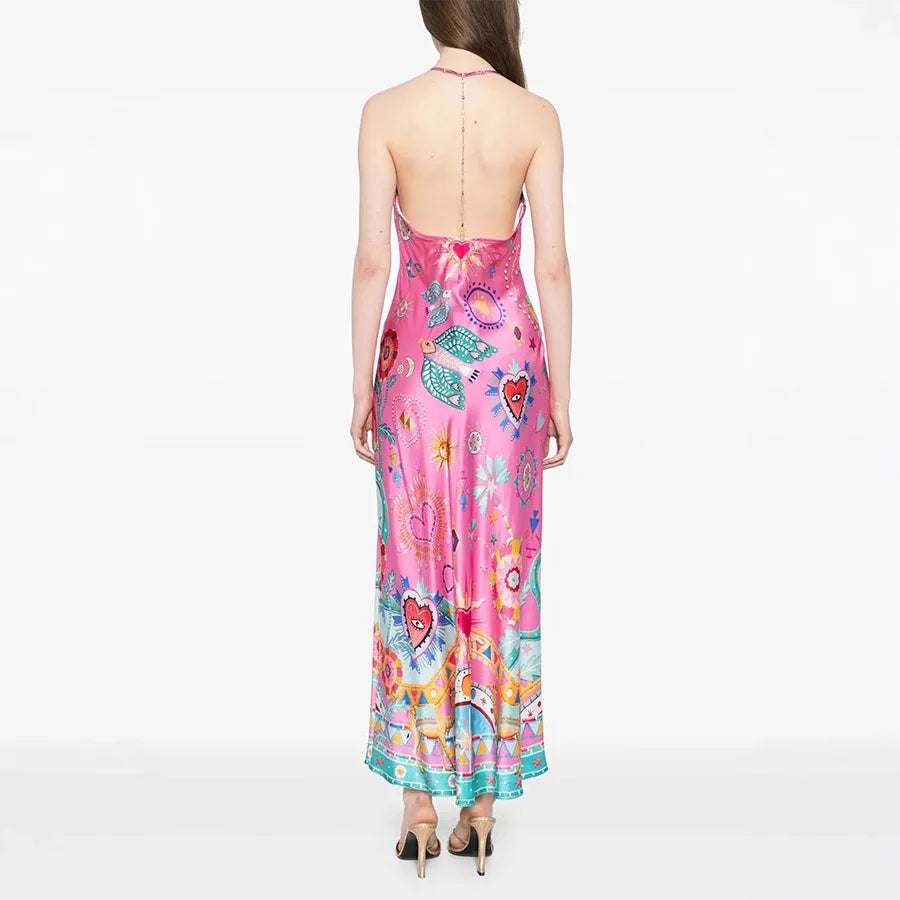 Women Elegant Satin Floral Beach Vacation Dress-Dresses-Bennys Beauty World