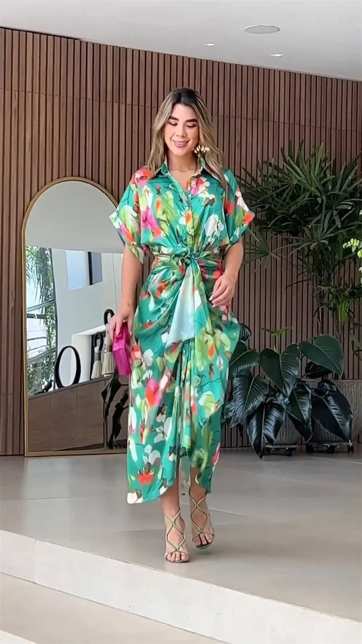 Women Dresses Short Sleeve Turn Down Collar Dress-Dresses-Bennys Beauty World